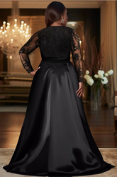 Fashionable Black A-Line V-Neck Lace Long Sleeves Long Satin Evening Dresses With Slit